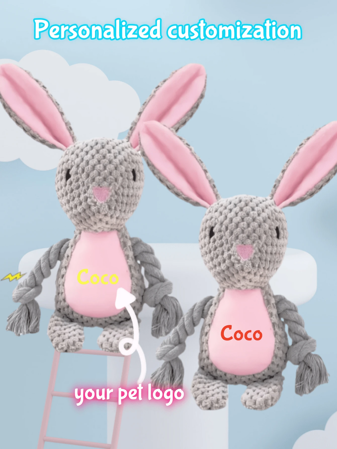 1个定制可咀嚼宠物兔玩具，耐用，宠物专属玩具，可爱灰色兔子，可定制宠物名字，生日、派对、周年纪念、户外活动、宠物陪伴玩具、圣诞节礼物等皆宜 - 彩色 - 查看 1