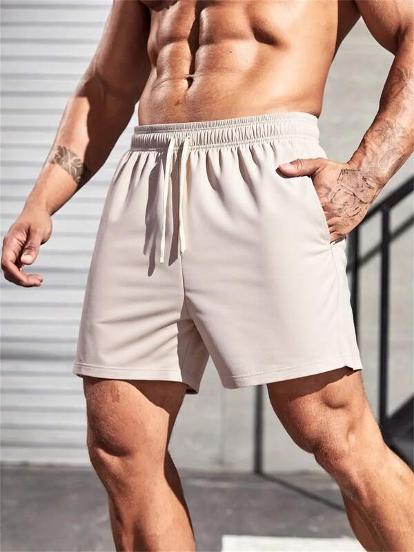 Khaki Casual Shorts Men Drawstring Regular Fit Flat Front Pants, Lightweight Sports Shorts, Running Sweatpants, Perfect Gift For Joggers