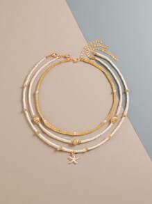 3pcs Set Elegant Starfish Beaded Necklace, Fashion Jewelry For Women, Ideal For Beach Vacation, A Great Gift For Friends