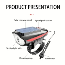 Luz delantera de bicicleta solar con bocina, resistente al agua IPX4, iluminación para montar en bicicleta de montaña por la noche, recargable por USB