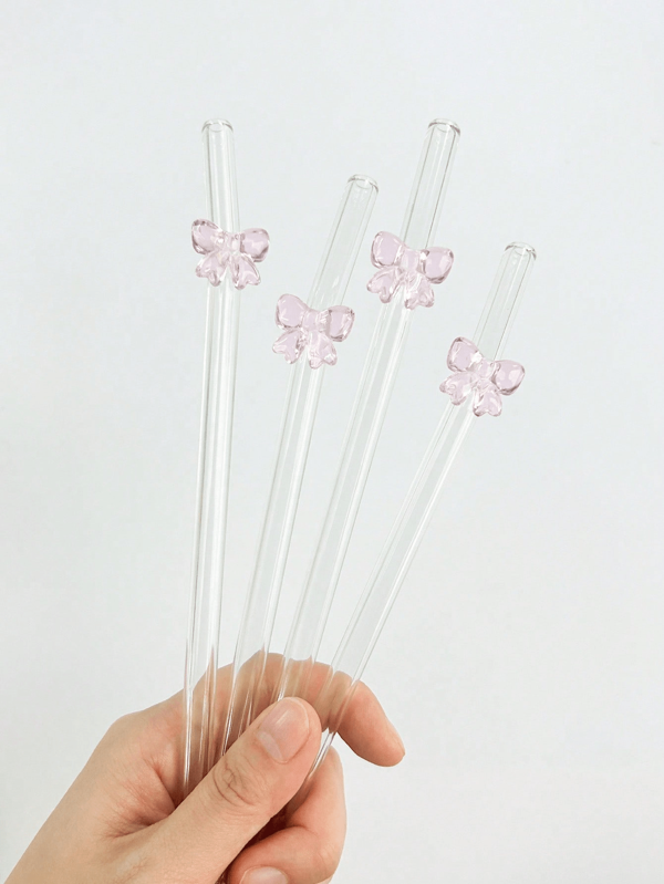 1/2/4Pcs Cute Cartoon Pink Bowknot Glass Straw,Bent Reusable Glass Straw,For Smoothie,Milk,Tea,Juice,Cocktail And Cold Drink,Girlfriend Gift,Dessert Shop,Sparkling Water,Snack Bar,Office,Bar,Restaurant.,School Supplies