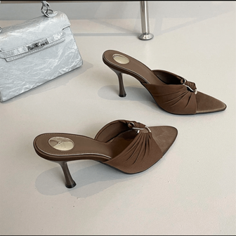 Women Elegant Solid Color Vintage Frill One-Piece High Heel Sandals, Fashion Mule Slide Shoes For Parties, Office, Outdoor In Summer