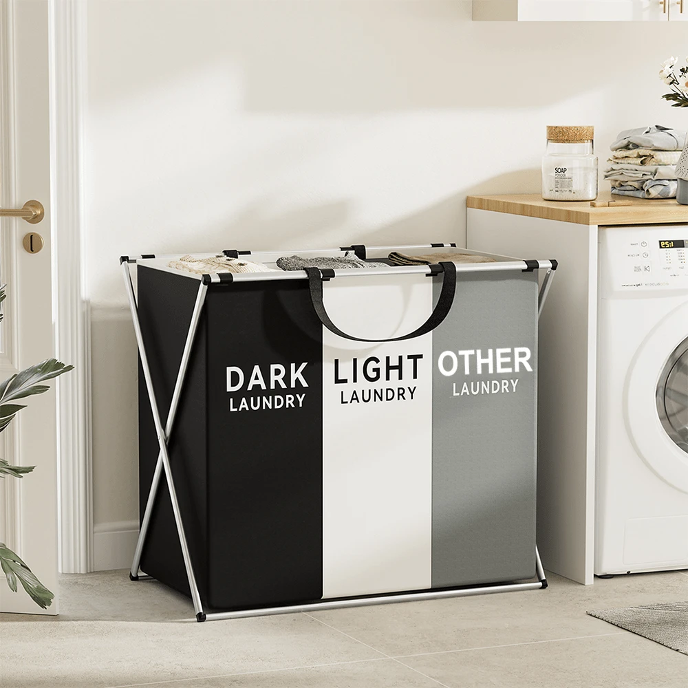 Multi-Compartment Laundry Basket, Clothes Storage Organizer, Collapsible 3-Sections Laundry Hamper With Aluminum Frame, Suitable For Bathroom, Bedroom, Garage