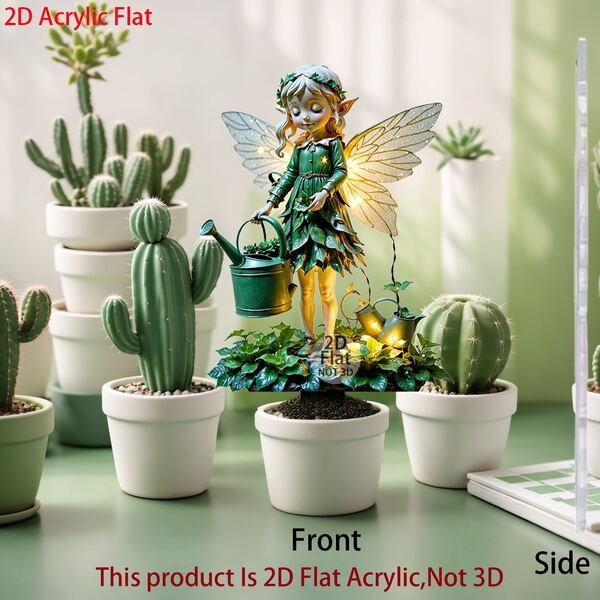 1pc 2D Acrylic Multi-Functional Decorative Scenery, Outdoor Garden Household Decor, Watering Fairy With Wings Holding Watering Can, Holiday Decor, Suitable For Indoor Potted Plants, Ground Stake For Lawn Without Electricity