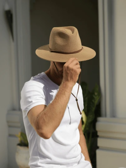 Man Summer Straw Sun Hats Wide Brim Panama Fedora Beach Hat With Wind Lanyard