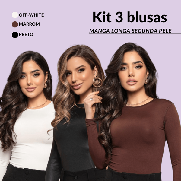 kit 3 blusas Manga Longa Basica Basico Casual Tecido de malha Marrom Preto Branco Blusa Feminina  Segunda Pele