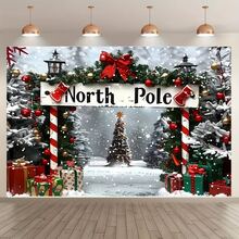 1 pieza Pancarta de fondo alegre de Navidad, Regalos del Polo Norte y árbol de Navidad, adecuado para decoración de fiesta de Navidad, decoración de jardín, decoración de pared, decoración del hogar, decoración interior/exterior, fondo de fotografía