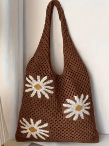 1 bolsa tote de crochê com estampa de girassol floral - perfeita para férias na praia, passeios casuais, etc. - estilo Y2K - grande capacidade - sem zíper - forro de tecido - estampa de posicionamento - sem borlas