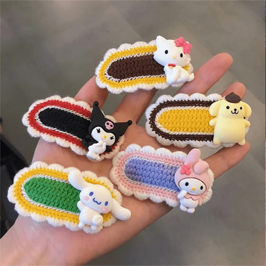 Sanrio 5pcs Sanrio KT Cat Kulomi Melody Hair Pin Hair Pin Braided Edge Clip Sweet Cartoon BB Clip Hand-Woven Hair Pin