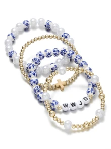 4pcs Fashion Metal Ceramic Faux Pearl CCB Cross Friendship Elastic Bracelet, Multi-Layer Bracelet WWJD (What Would Jesus Do) - Multicolor - View 3