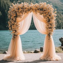 婚礼拱门窗帘面料，1 片 28 英寸 x 19 英尺香槟色婚礼拱门窗帘薄纱背景窗帘婚礼拱门窗帘面料适用于婚礼仪式派对天花板装饰