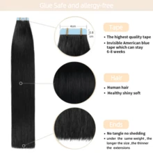 Lsybeauty Thick Tape In Human Hair Extensions ,Seamless  Skin Weft Extensions ,Remy  Human Hair,Multicolor  Color,Silky Straight For Fashion Women  ,16-26inch ,Easy To Apply (1B#Natural Black ,50g 20pcs/Package) - S1 - Xem 2