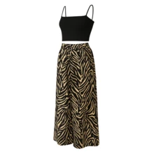 Conjunto Pantalón Pata De Elefante Y Blusa Selva Urbana Dama  Estampado de Cebra    Bohemio  Elegante  Sexy  Casual    Tela    Pliegos  Corte Alto    Conjunto 2 Piezas Pantalon Blusa Tipo Crop Top Animal Print  Playa  Noche de fiesta  Casa  Jardín  Sesión de fotos  Calle    Primavera, Verano, Otoño - Camel - Ver 4