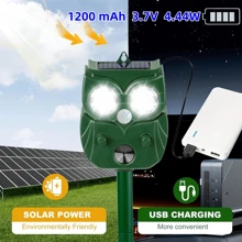 Répulsif animal à ultrasons, répulsif animal extérieur alimenté par énergie solaire avec lampe de poche LED et détecteur de mouvement, panneau solaire rechargeable, câble de charge USB, repousse efficacement les animaux envahissants comme les rats, les mouffettes, les renards, les lapins, les hiboux, les ratons laveurs et autres nuisibles. Le haut-parleur à ultrasons émet un bruit pour éloigner les écureuils, les cerfs, les ratons laveurs, les lapins, les chats, les chiens, les mouffettes et les renards des fermes et des jardins.