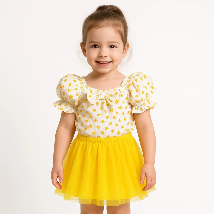 Saia Amarela Rodada Tule Brilho Infantil Menina Diva