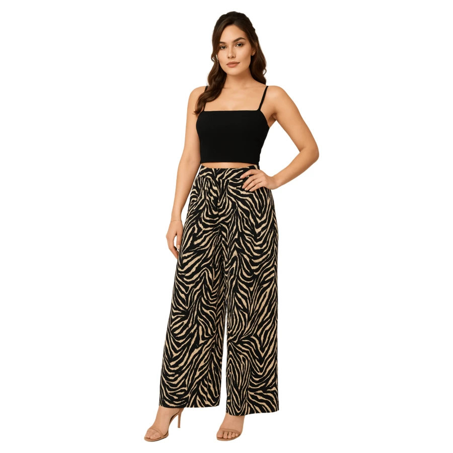 Conjunto Pantalón Pata De Elefante Y Blusa Selva Urbana Dama  Estampado de Cebra    Bohemio  Elegante  Sexy  Casual    Tela    Pliegos  Corte Alto    Conjunto 2 Piezas Pantalon Blusa Tipo Crop Top Animal Print  Playa  Noche de fiesta  Casa  Jardín  Sesión de fotos  Calle    Primavera, Verano, Otoño - Camel - Ver 1