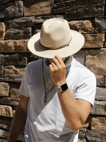 Man Summer Straw Sun Hats Wide Brim Panama Fedora Beach Hat With Wind Lanyard