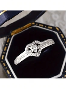 925 Sterling Silver Cute Heart Design Ring, Inlaid Sparkling Zirconia, High-Quality Jewelry Gift For Your Loved One (1.6g/0.06oz)