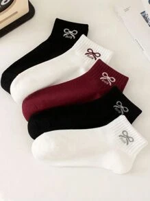 5 pares de calcetines de mujer con decoración de moño, estilo regular, cómodos y suaves para la escuela, el trabajo, el uso diario, primavera y otoño
