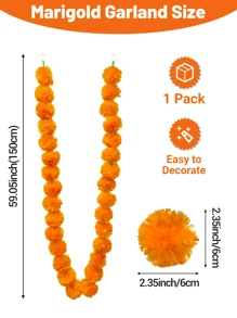 1 Pc Orange Marigold Garland For Decoration, 5 Feet Long Artificial Marigold Flowers Diwali Decor For Pooja, Wedding, Home Decorations