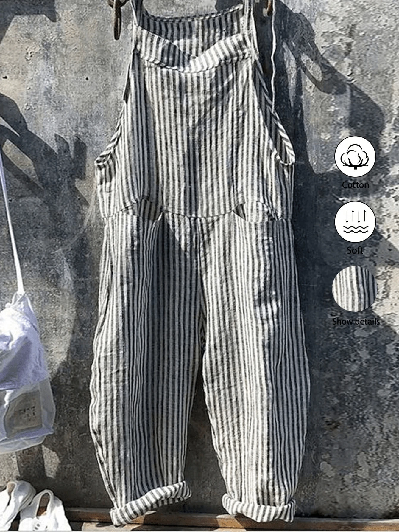 Plus-Size Casual Daily Sleeveless Striped Overalls With A Front Center Pocket And LACES, Summer
