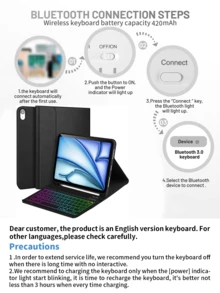 适用于三星 Galaxy Tab / iPad / Redmi Pad SE 的可拆卸彩色背光蓝牙键盘保护套，超薄轻巧支架保护套，带笔槽（不含 Apple Pencil），黑色保护套 + 黑色键盘