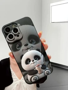 1pc Cute Panda Design Black Eyed Phone Case With Scratch Resistant Camera Lens Cutout, Compatible With Apple/OPPO/Vivo/Redmi/ Series - Black - View 3