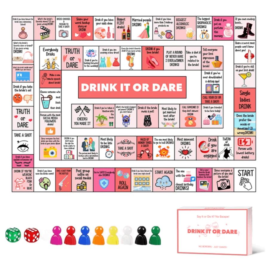 DRINKIT OR DARE Trinkspiel, Spieleabend, 8 Zubehörteile und 2 Würfel, interaktives Partyspiel für 2-8 Personen, Trinkherausforderung für Freunde, Graduationsfeier, Hochzeit und Party