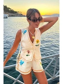 Summer Linen Two-Piece Shorts Set - 白色 - 查看 4