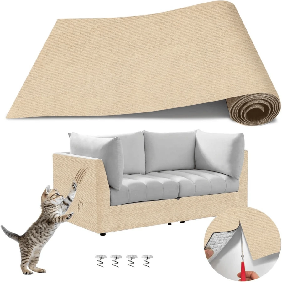 Protector de muebles contra arañazos de gato, esterilla adhesiva disuasiva contra arañazos de gato para muebles, protector contra arañazos de gato para paredes, suelo y alfombras con dispositivo de fijación - Caqui - Ver 1