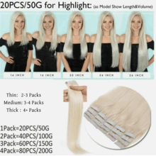 Lsybeauty Thick Tape In Human Hair Extensions ,Seamless  Skin Weft Extensions ,Remy  Human Hair,Multicolor  Color,Silky Straight For Fashion Women  ,16-26inch ,Easy To Apply (60#Golden Blonde ,50g 20pcs/Package) - S60 - 查看 7