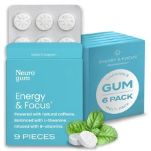 NeuroGum Energy Caffeine Gum (54 Pieces) - Sugar Free With L-Theanine + Caffeine + Vitamin B12 & B6 - Nootropic Energy & Focus Supplement For Women & Men - Peppermint Flavor (Packaging May Vary)