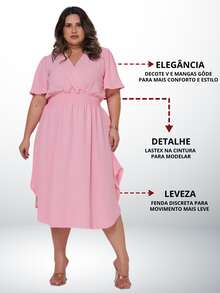 Women's Casual V-Neck Criss-Cross Midi Wrap Dress Plus Size Elegant Loose Godet Sleeve Side Slit Discreet - 淺粉色 - 查看 2