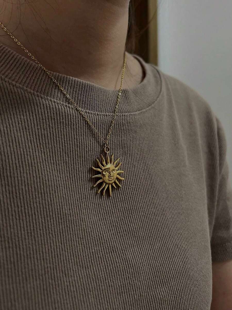 1 件时尚复古不锈钢太阳吊坠项链，百搭，适合女性日常佩戴 - 項鍊 - 查看 1