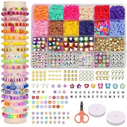 1 Box Polymer Clay Bead Bracelet Making Kit, Includes Colorful Acrylic Heart, Flower, Butterfly Beads And Accessories, Suitable For Jewelry Making, DIY Party Favors With Letter Beads