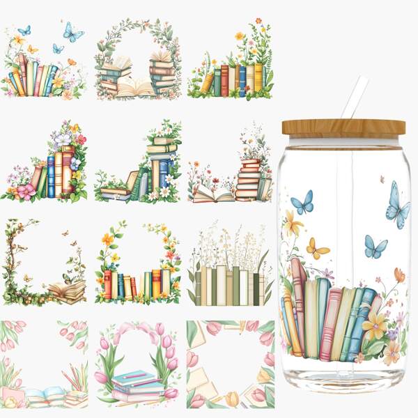 12PCS/SET UV DTF Cup Wraps Spring Book Border Style Self-Adhesive Sticker For Coffee Cups, Water Bottles, Home Decor, Laptops And Refrigerator DIY Crafts(Glass Not Included)School Supplies,Back To School