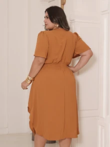 Women's Casual V-Neck Criss-Cross Midi Wrap Dress Plus Size Elegant Loose Godet Sleeve Side Slit Discreet - 駝色 - View 3