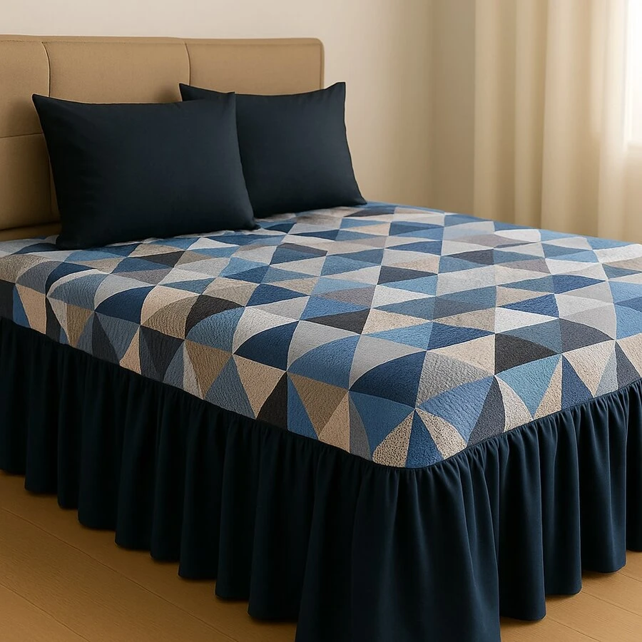 Printed Double Bedspread 03 Pieces With Ruffle And Pillowcases - Soft Light Immediate Shipping