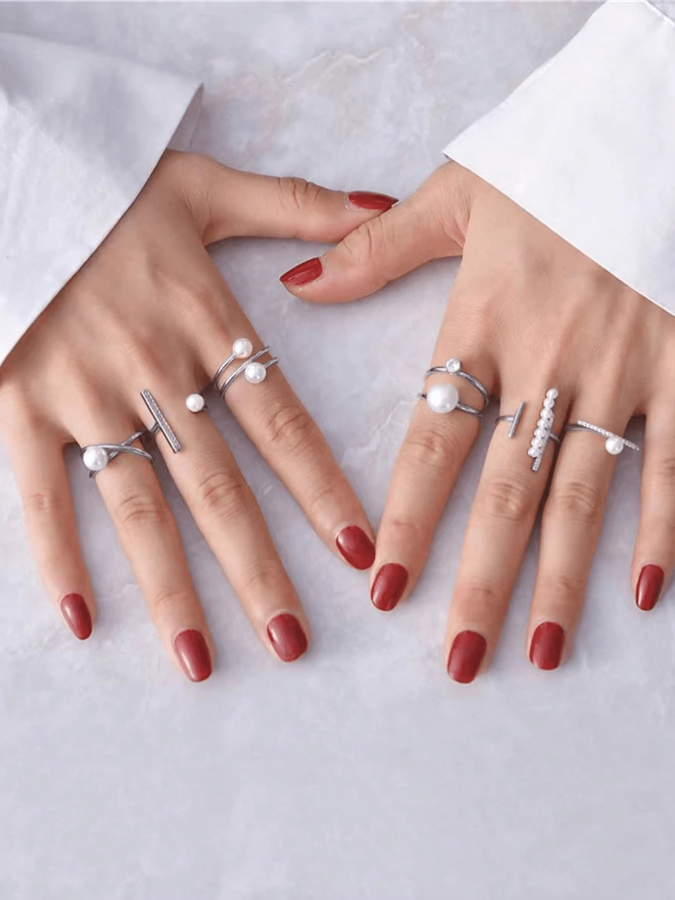 7件套简约奢华时尚珍珠镶嵌钻石戒指女士套装 - 銀色 - 查看 1