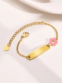 1Pc Custom Pink Flower Kids Bracelet, Stainless Steel Curved Tag Engraved Letter DIY Baby Bracelet, Personalized Gift For Baby First Birthday - Multicolor - View 6