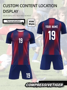 2pcs Kid's Personalized Soccer Jersey - Customizable Name And Number Barcelona Print Short Sleeve T-Shirt + Shorts Co-Ord Quick-Drying Sweat-Absorbing Sports, Football Club Player Set As Gift. Halloween, Thanksgiving, Christmas And New Year Gifts