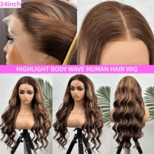 36 英寸 200 密度高光波浪蕾丝前部混合假发，人发混合发 13*4 4x4 5*5 13x6 高清透明蕾丝闭合假发，巴西人发混合发，耐高温纤维，预拔婴儿头发，无胶假发，女士人发混合发 10-14 英寸鲍勃假发 - S4/27 - 查看 3