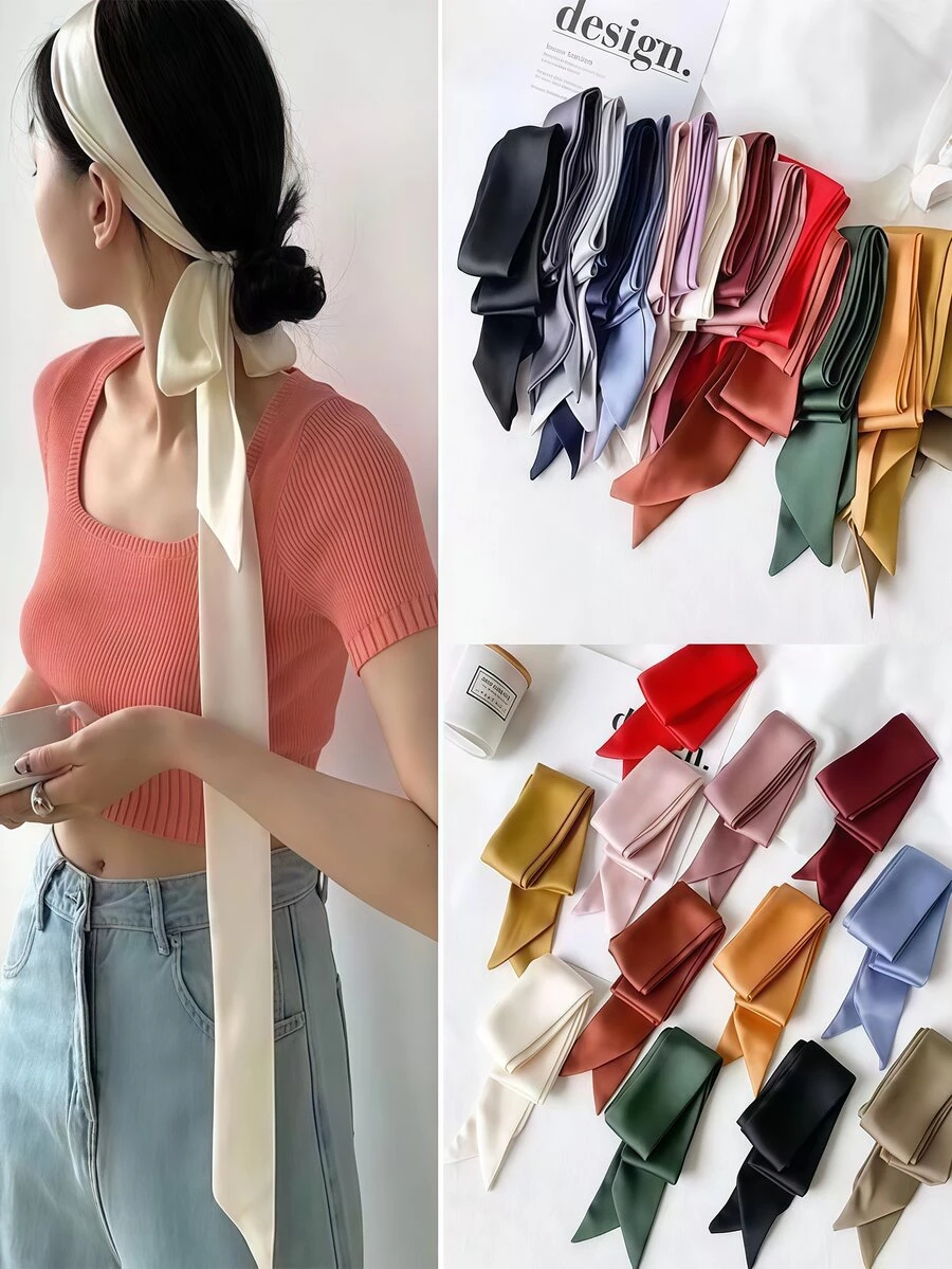 2-Meter Solid-Color Silk Scarf, French Elegant Scarf Dress, Bow Accessory Thin Hair Band Tie Bag Ribbon Fall Winter Headbands For Women Hair Accessories For Women For Vacation Outfits Woman Women Bandanas Soft Headwrap - Multicolor - View 1