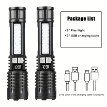 GHUSTAR Torcia elettrica potente da 2 pezzi, torcia tattica ricaricabile tramite USB, 5 modalità di illuminazione con torcia laterale COB, lampada da campeggio con ingrandimento variabile a lungo raggio ultra potente, per alpinismo, esplorazione di grotte, manutenzione ed emergenza domestica.