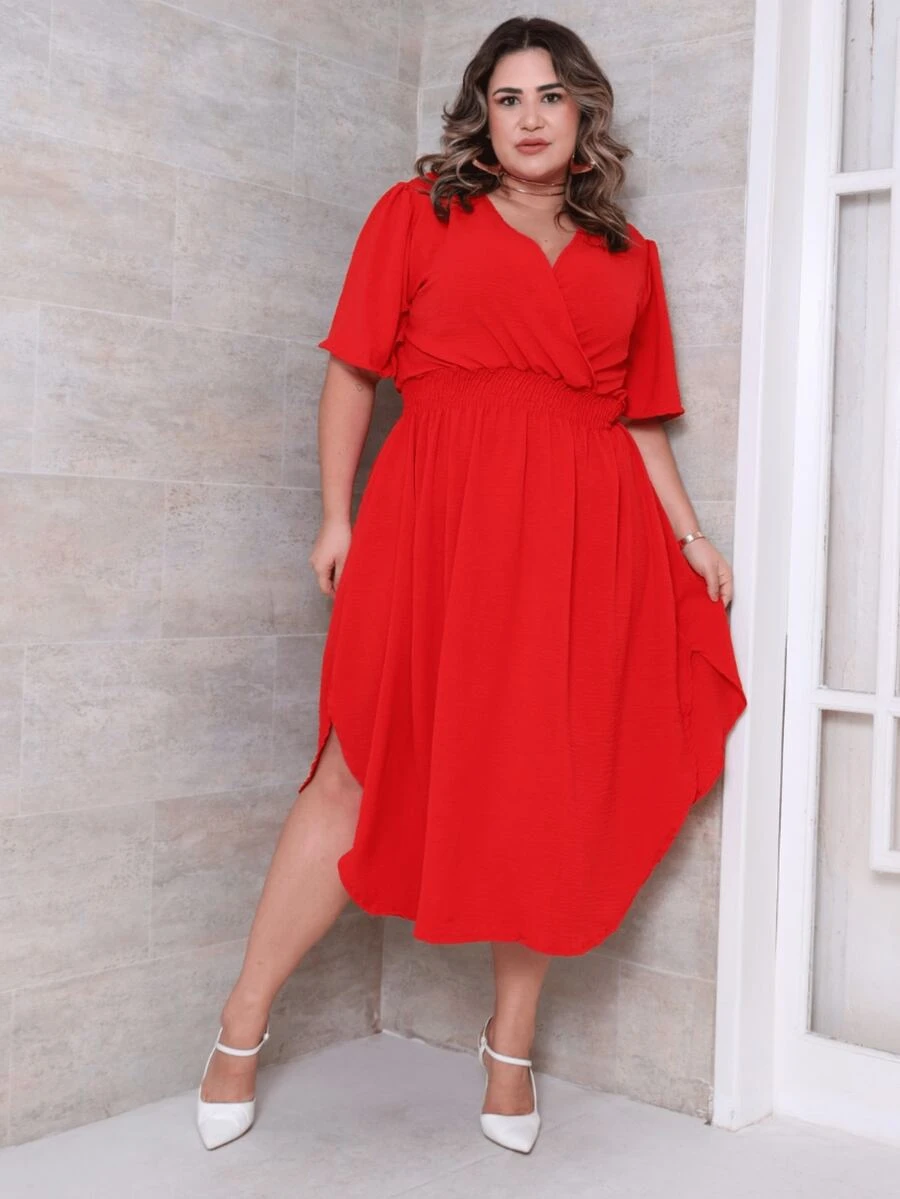 Women's Casual V-Neck Criss-Cross Midi Wrap Dress Plus Size Elegant Loose Godet Sleeve Side Slit Discreet - 紅色 - 查看 1