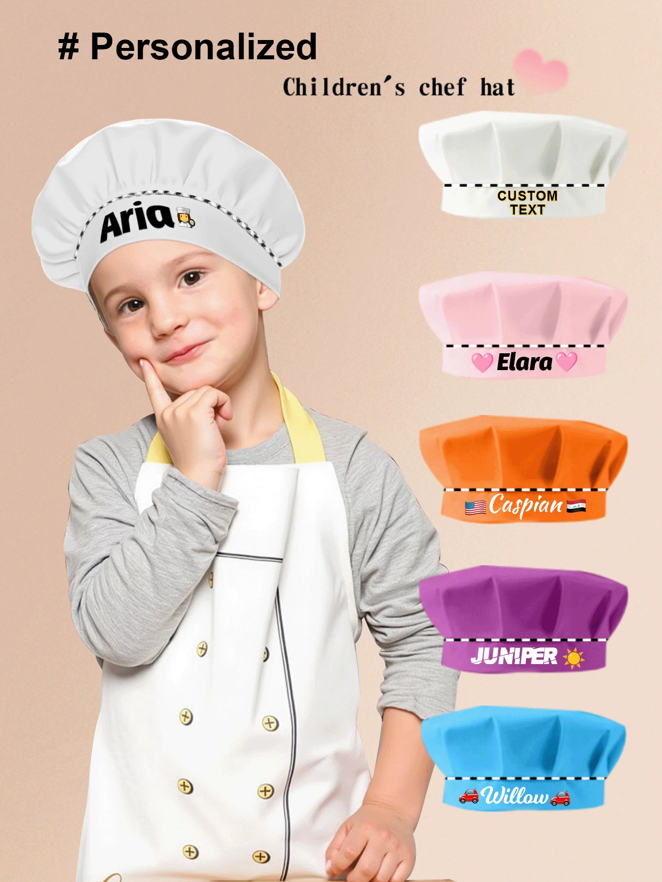 1pc Customized Chef Hat For Kids, Multiple Colors Choice, Can Print Your Own Name, Suitable For Boys And Girls Using In The Kitchen - Multicolor - View 1
