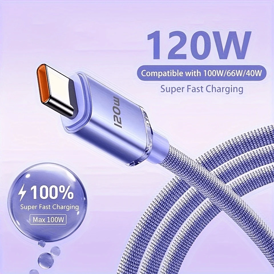 120W 超级快速充电线 USB C 型充电数据线兼容 OPPO 充电器线用于手机移动电源 USB C 线充电器 USB 线 USB 至 C 型 6A 快速充电线兼容 15 车载充电器线