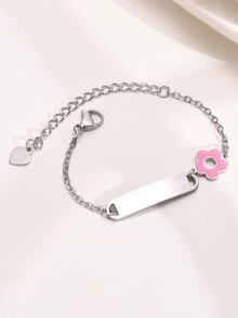 1Pc Custom Pink Flower Kids Bracelet, Stainless Steel Curved Tag Engraved Letter DIY Baby Bracelet, Personalized Gift For Baby First Birthday - Multicolor - View 7