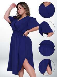 Women's Casual V-Neck Criss-Cross Midi Wrap Dress Plus Size Elegant Loose Godet Sleeve Side Slit Discreet - 藏蓝色 - 查看 4