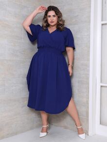 Women's Casual V-Neck Criss-Cross Midi Wrap Dress Plus Size Elegant Loose Godet Sleeve Side Slit Discreet - 藏蓝色 - 查看 1